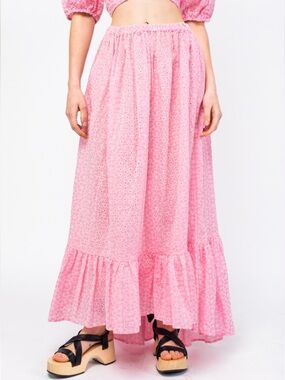 Lisa Marie Fernandez sz M/L Pink Embroidered Eyelet RUFFLE MAXISKIRT 100% cotton